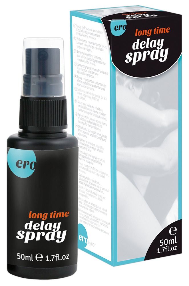Flacone spray nero con scritta "long time delay spray" e confezione. Confezione con nome del prodotto e illustrazione.