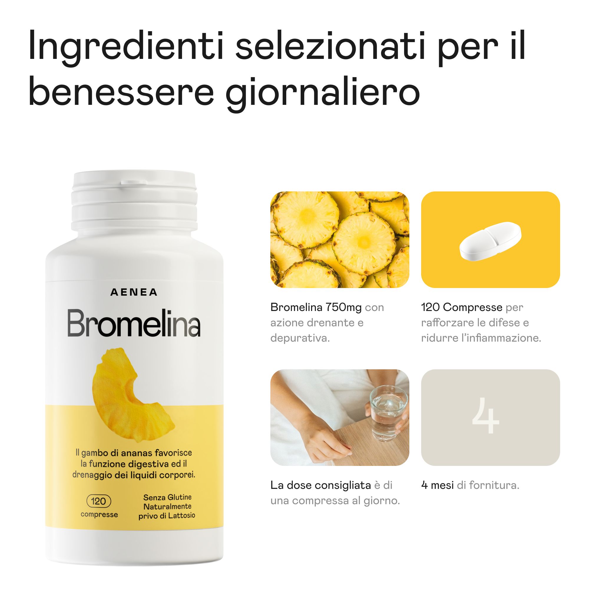 Flacone Aenea Bromelina con ananas. Immagini: fette di ananas, compressa, bicchiere d'acqua, numero 4.