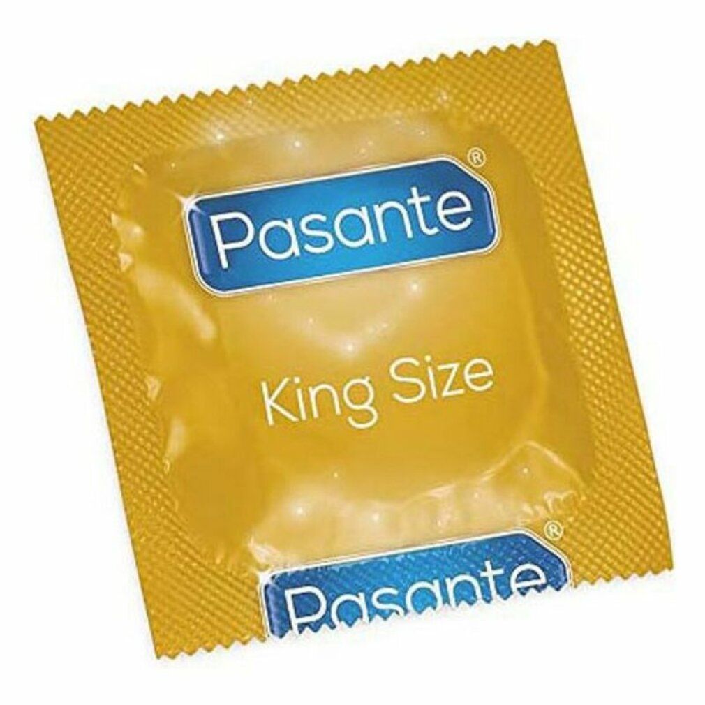 Preservativo confezionato singolarmente in foglio giallo, logo Pasante e King Size.