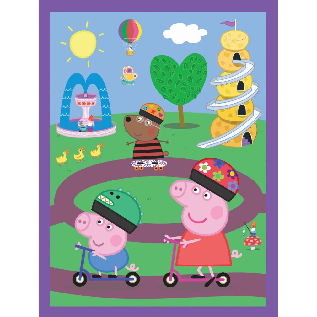 Illustrazione con Peppa Pig e amici su scooter e un cane sui pattini. Sfondo: parco con scivolo, anatre e mongolfiera.