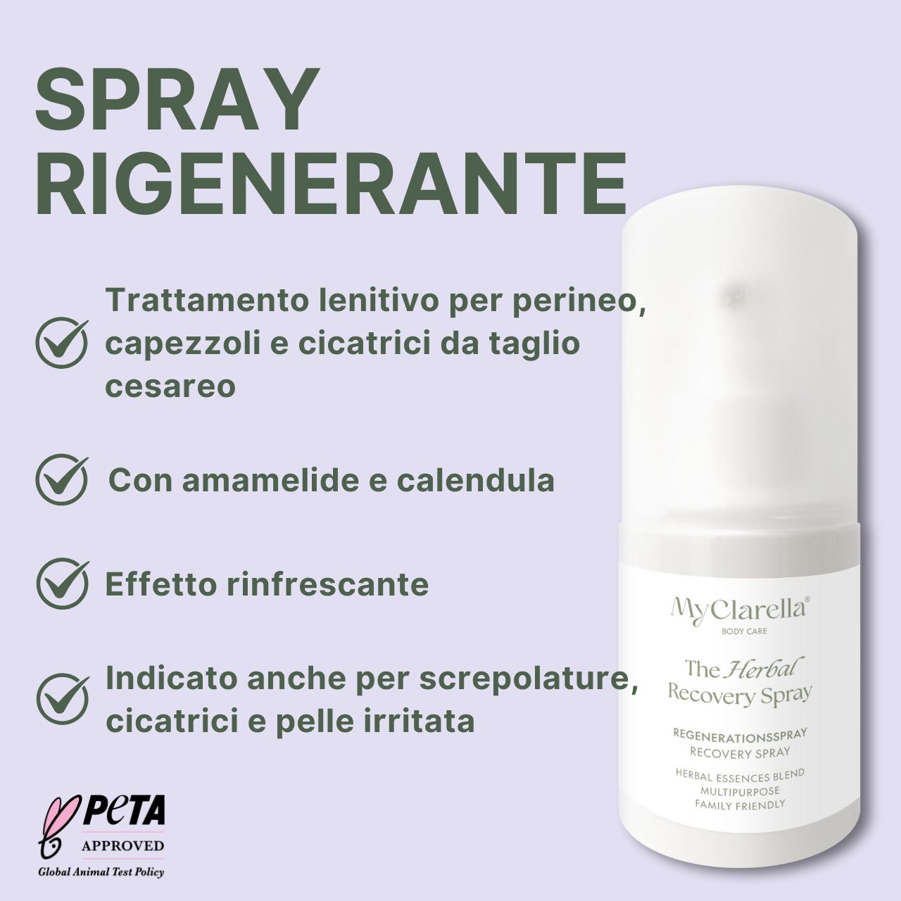 Spray rigenerante. Trattamento lenitivo per perineo, capezzoli e cicatrici da taglio cesareo. Con amamelide e calendula. PETA-Approved.