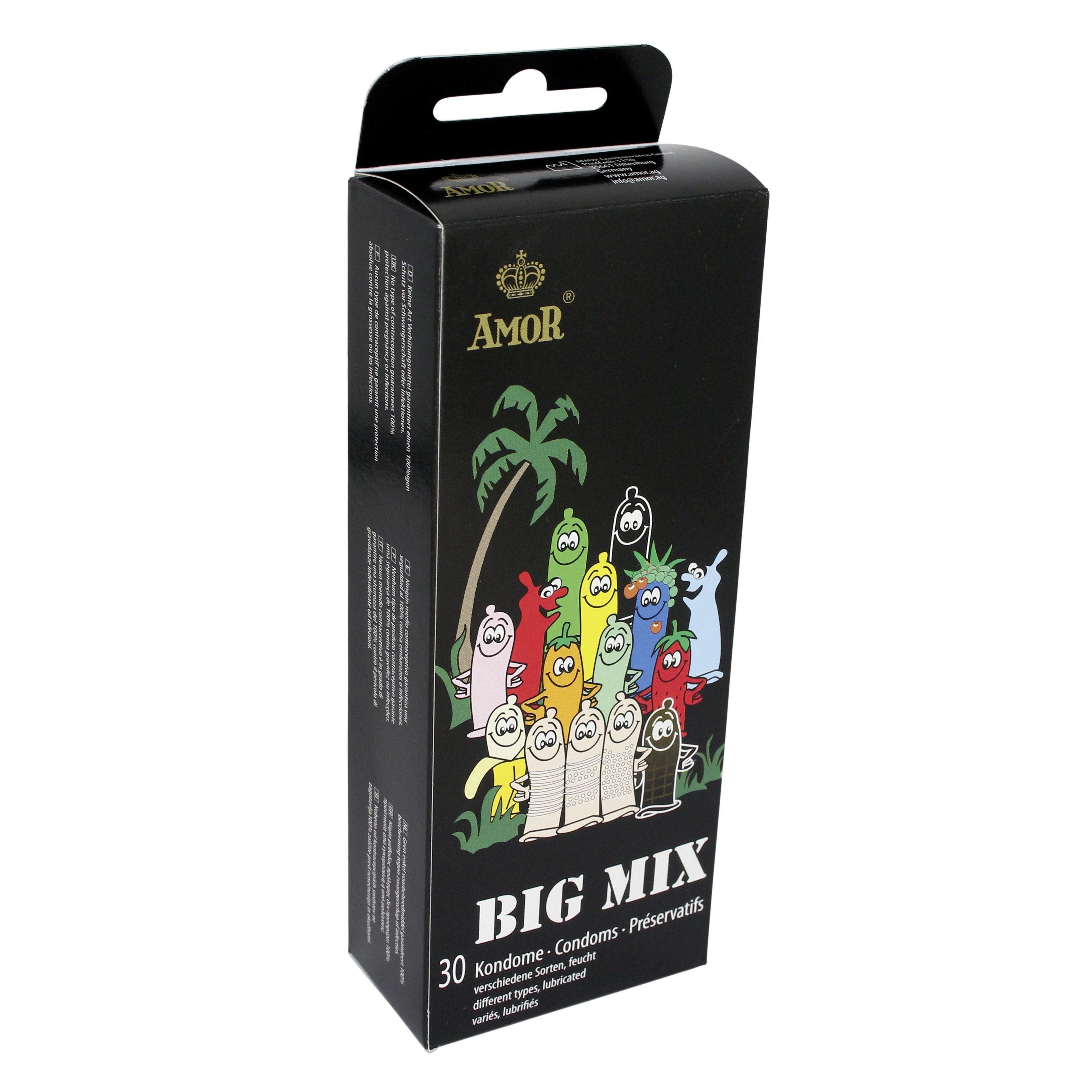 Scatola nera Amor Big Mix con gancio. 30 preservativi. Illustrazioni di preservativi a fumetto. Testo in tedesco, inglese e francese.