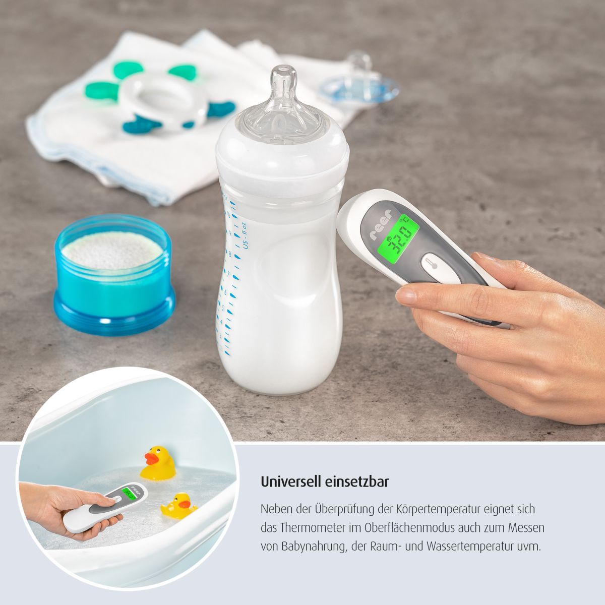 Termometro misura la temperatura del biberon e dell'acqua del bagno. Marca: reer. Display digitale: 32,0 °C.