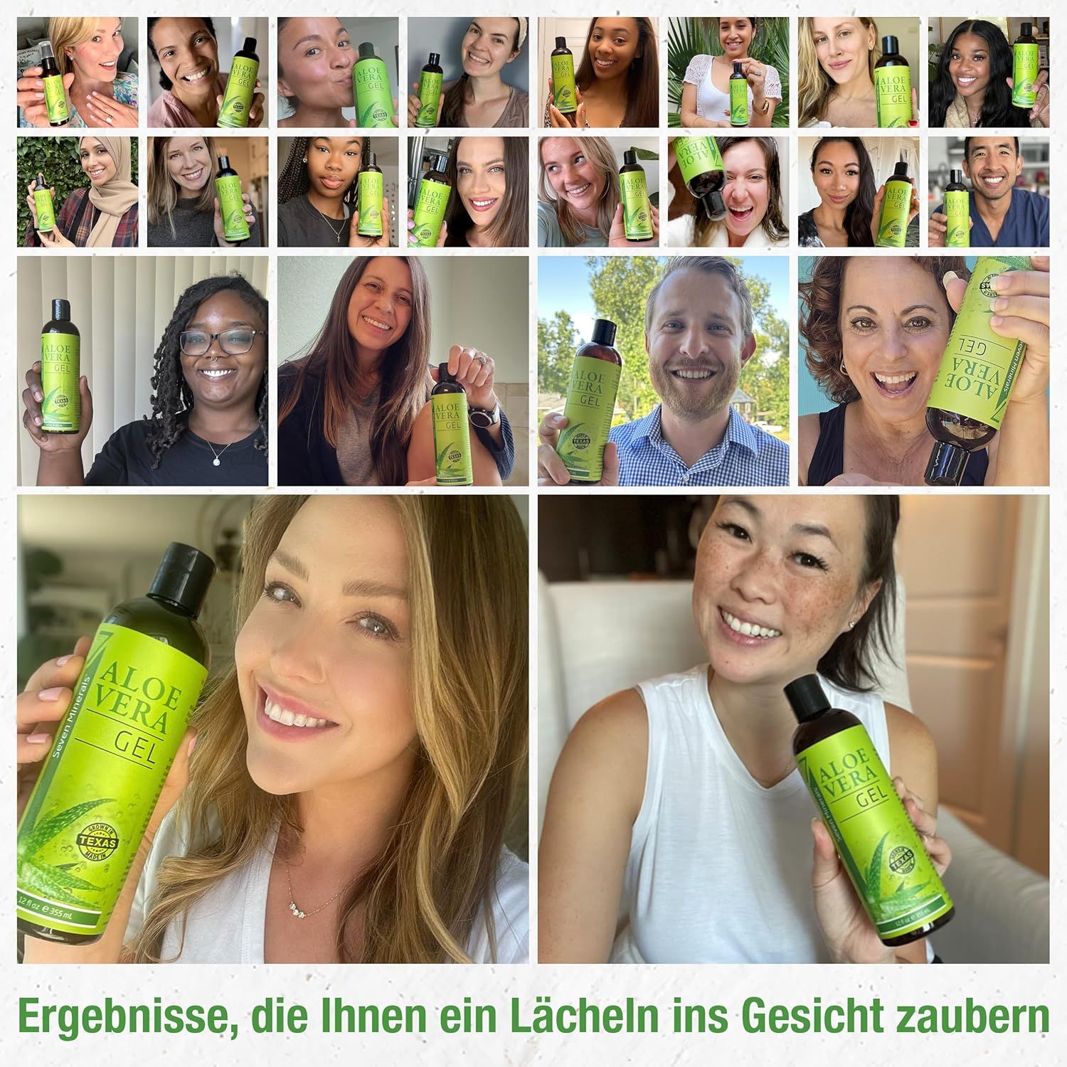 Diverse persone tengono flaconi di gel di aloe vera. Testo: Risultati che ti fanno sorridere.