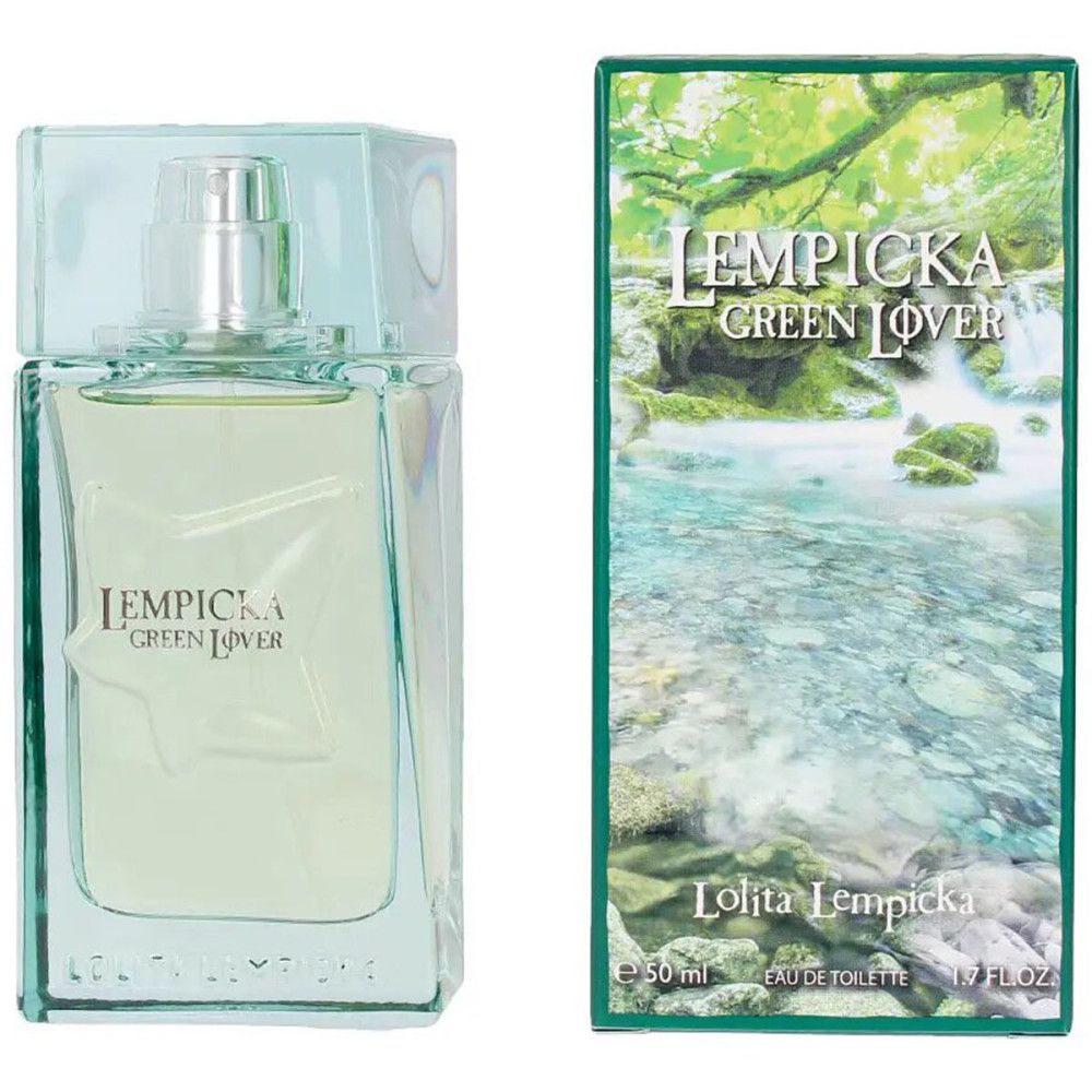 Flacone e confezione di Lolita Lempicka Green Lover. Flacone rettangolare con liquido verdognolo. Confezione verde con logo e paesaggio.