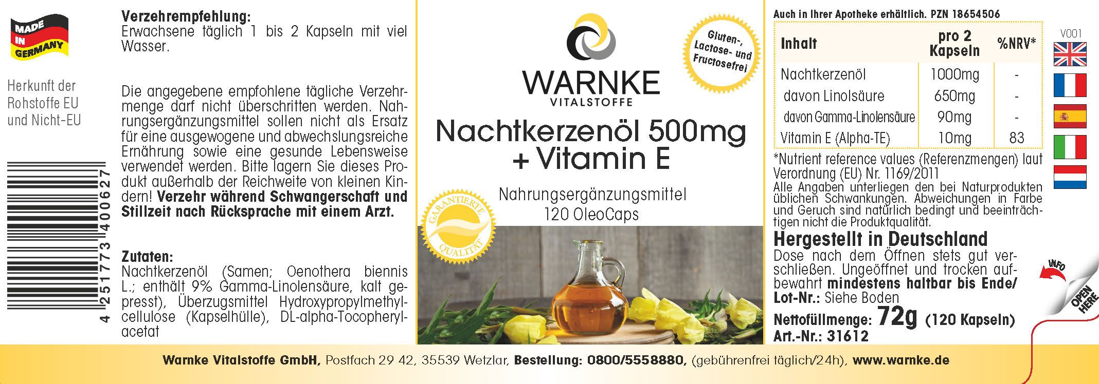 Etichetta con informazioni sul prodotto. Scritta: Warnke Vitalstoffe Olio di enotera 500mg + Vitamina E. 120 OleoCaps. Ingredienti.