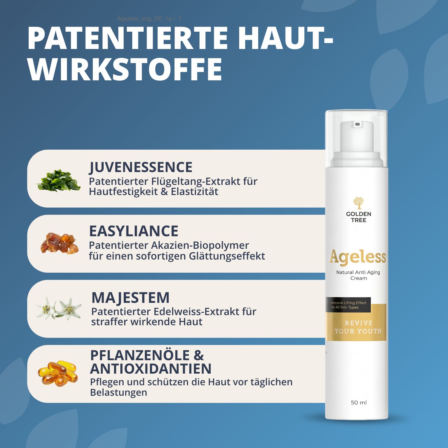 Crema Golden Tree Ageless con ingredienti brevettati: Juvenesence, Easyliance, Majestem, oli vegetali e antiossidanti.