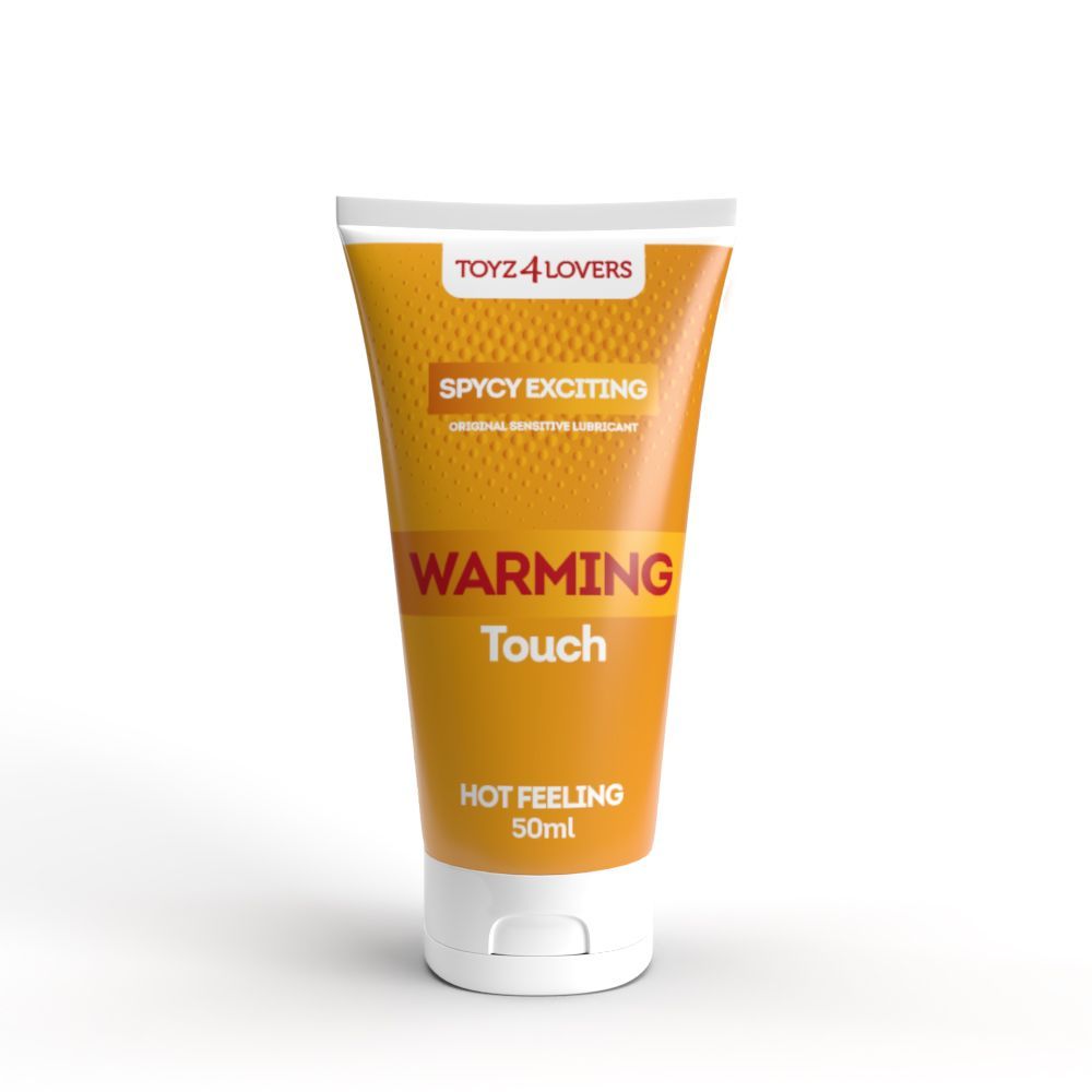 Tubo giallo con tappo bianco. Scritta: Warming Touch, Hot Feeling, 50ml. Marchio: TOYZ 4 LOVERS.
