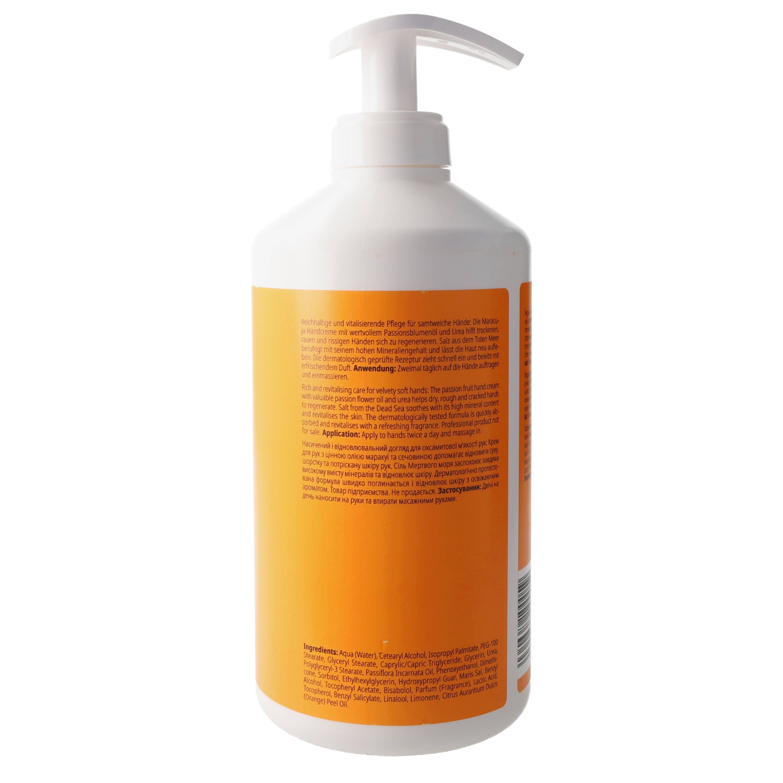 Retro del flacone bianco con etichetta arancione. Testo e ingredienti visibili.