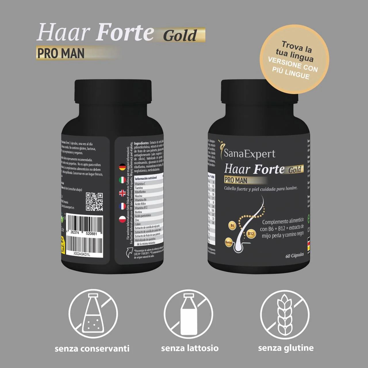Due viste del flacone nero SanaExpert Haar Forte Gold Pro Man. Senza conservanti, lattosio e glutine.