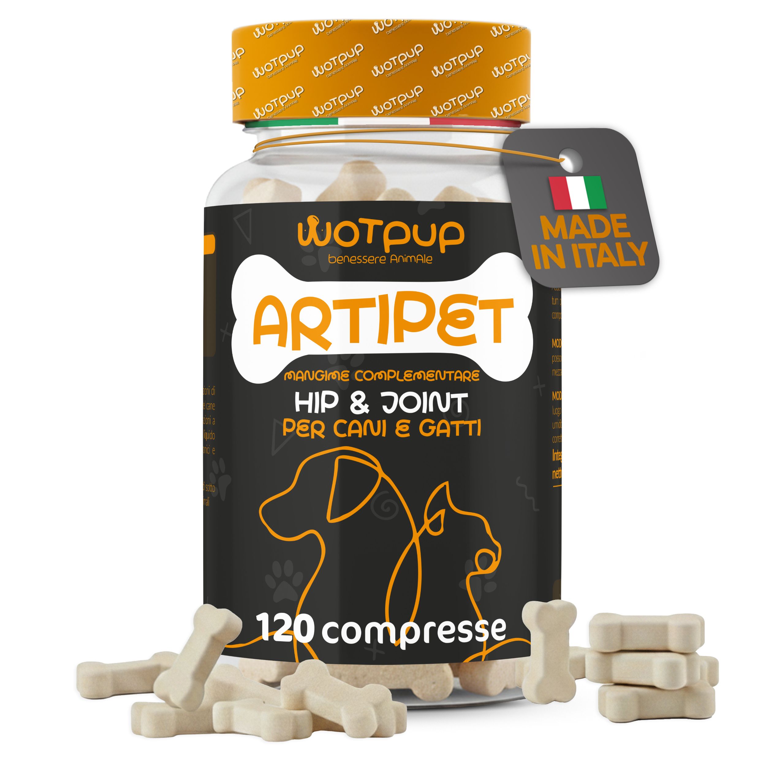 Flacone da 120 masticabili per cani e gatti, etichetta "Made in Italy".