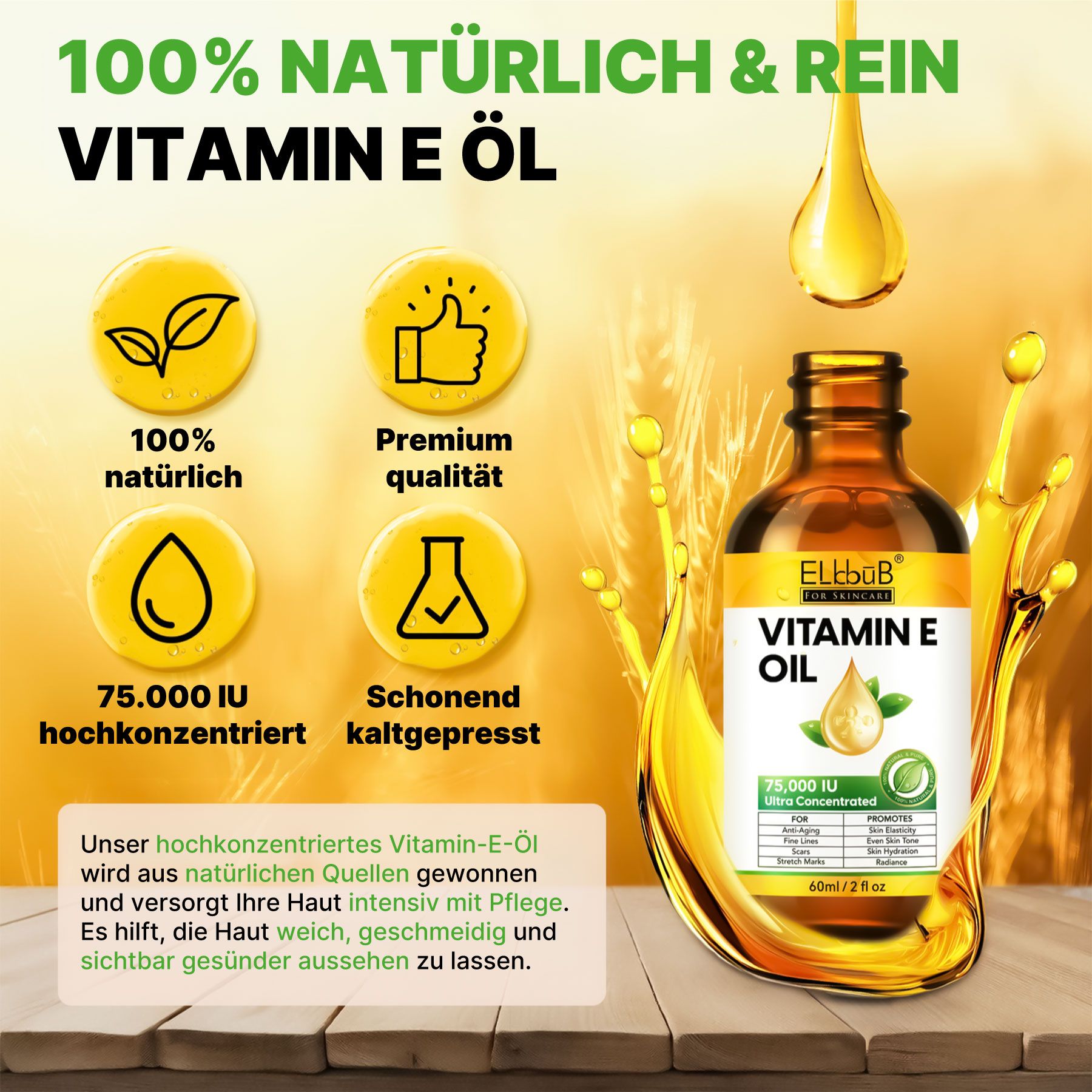 Flacone in vetro marrone di olio di vitamina E, 75.000 UI, ultra-concentrato. Quattro icone a lato: foglia, pollice in su, goccia, becher.