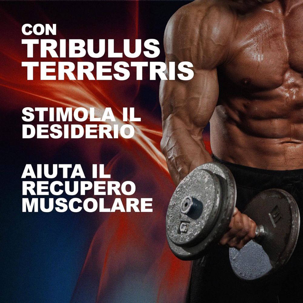 Uomo muscoloso con manubrio. Testo: CON TRIBULUS TERRESTRIS. STIMOLA IL DESIDERIO. AIUTA IL RECUPERO MUSCOLARE.