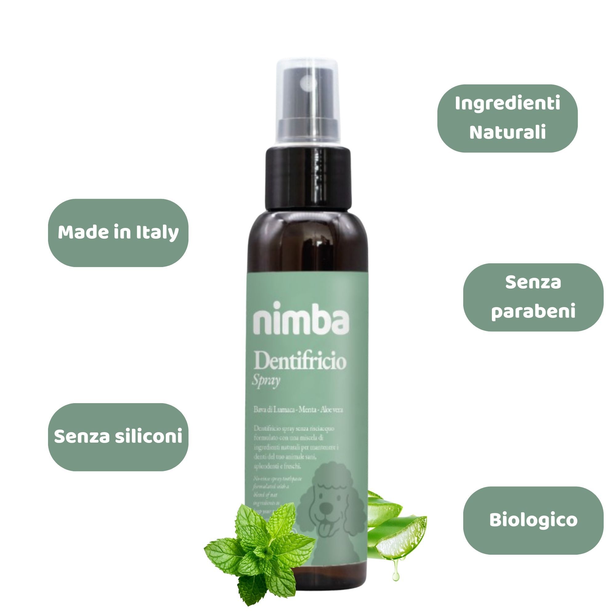 Flacone spray marrone con etichetta verde. Testo: Nimba Dentifricio Spray. Ulteriori etichette verdi con testo.