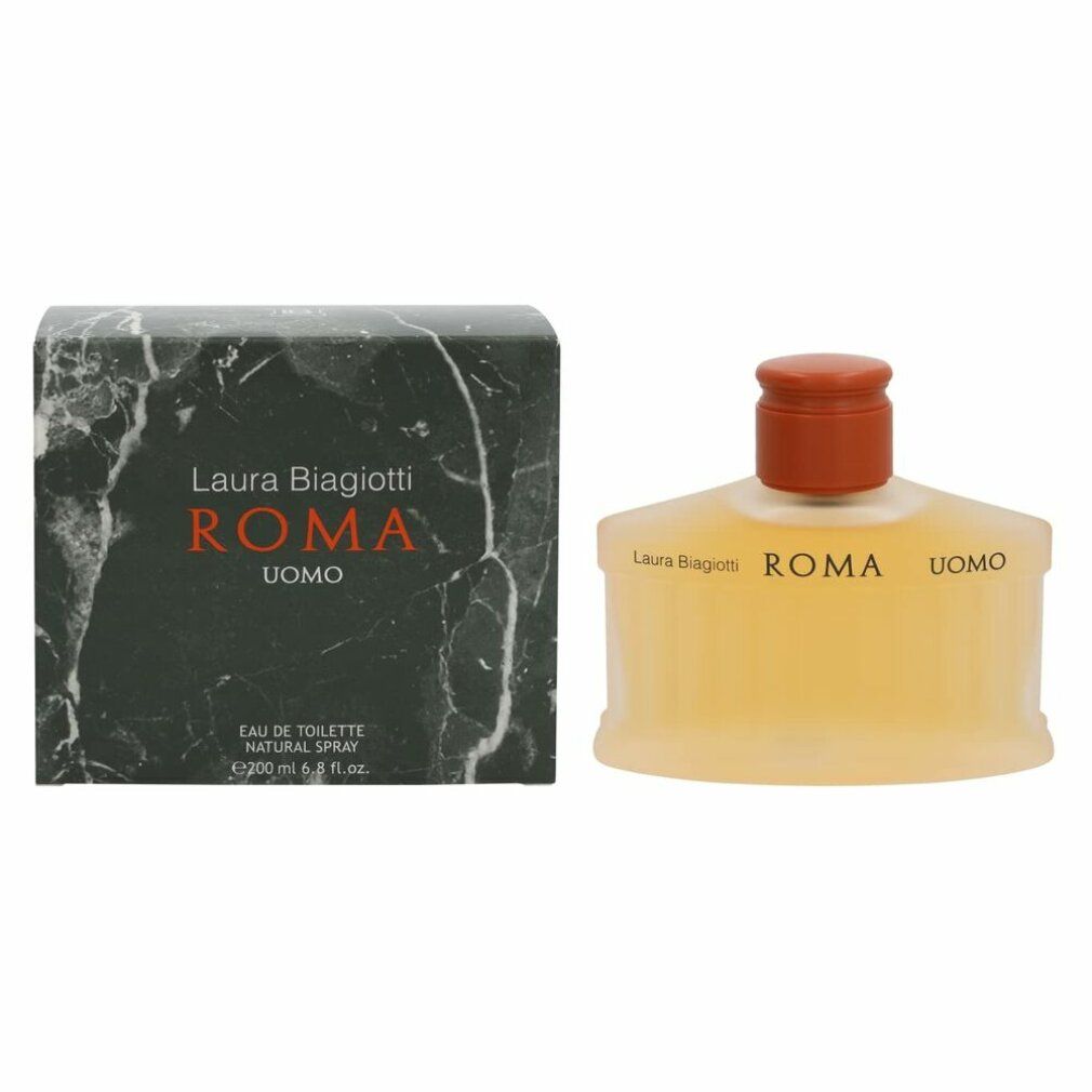 Flacone di profumo e scatola. Flacone con tappo marrone e liquido giallo. Scatola con scritta ROMA UOMO.