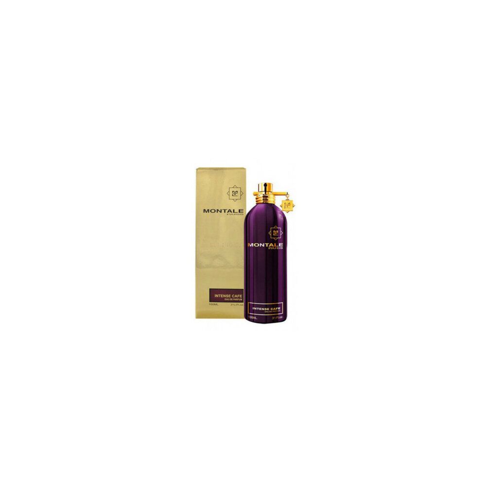 Flacone di profumo viola scuro, tappo dorato e scatola dorata. Scritta: Intense Cafe Eau de Parfum.