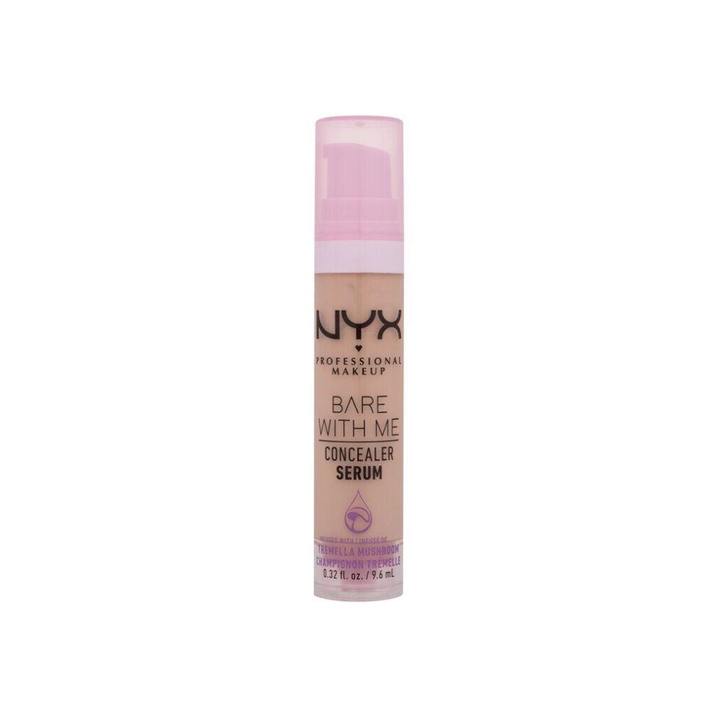 Siero correttore NYX Bare With Me, flacone con tappo rosa. Testo: Bare With Me, Concealer Serum, Medio Vaniglia.