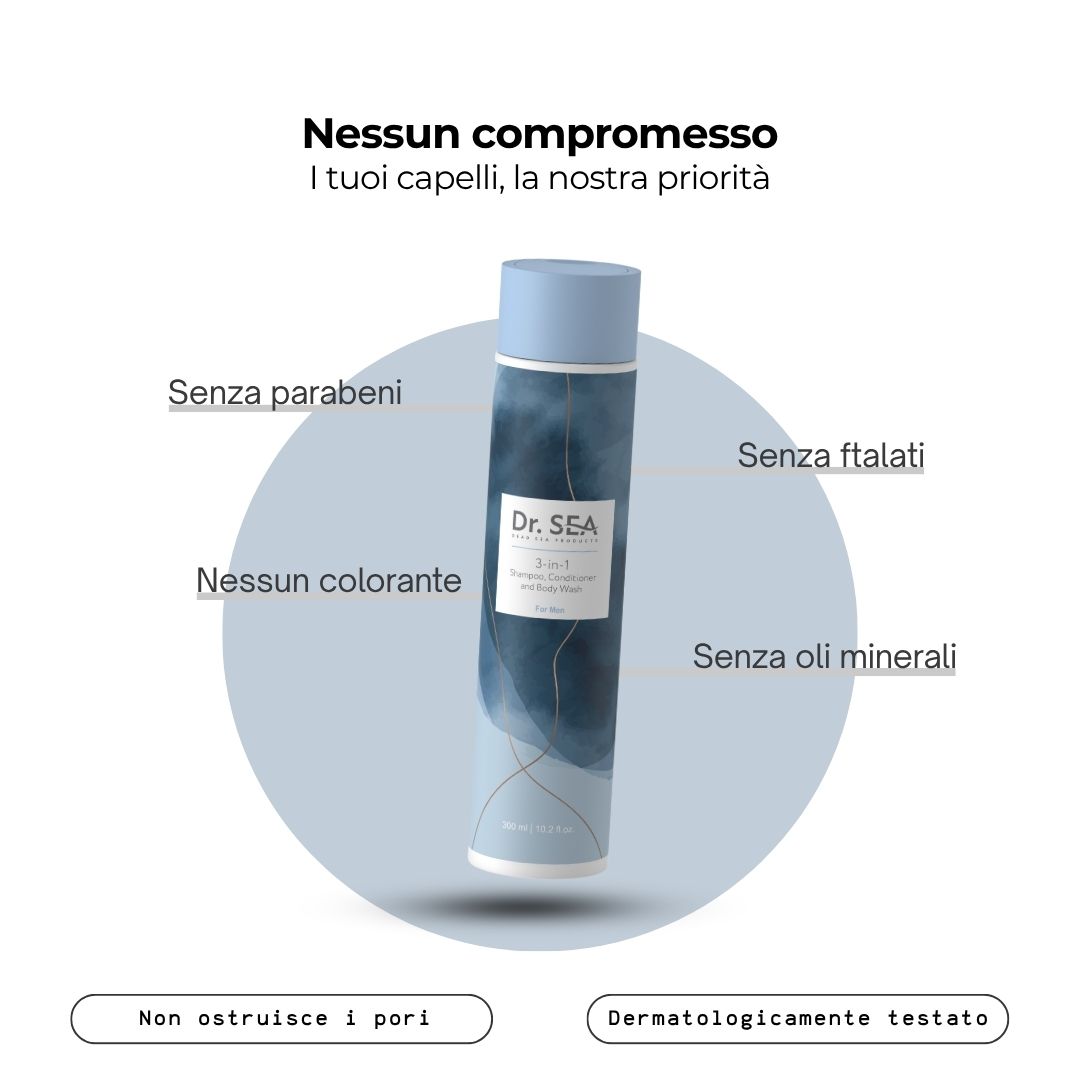 Flacone con testo: "Dr. SEA 3-in-1", senza additivi.