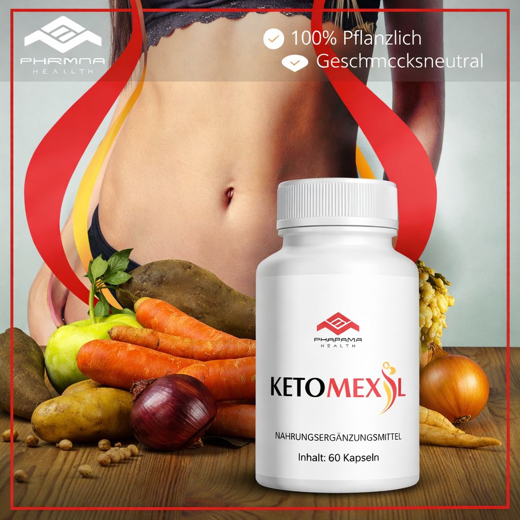 Flacone bianco di capsule con design rosso. Scritta: KETOMEXIL, Pharma Health. Contenuto: 60 capsule. Sfondo: verdure su legno.