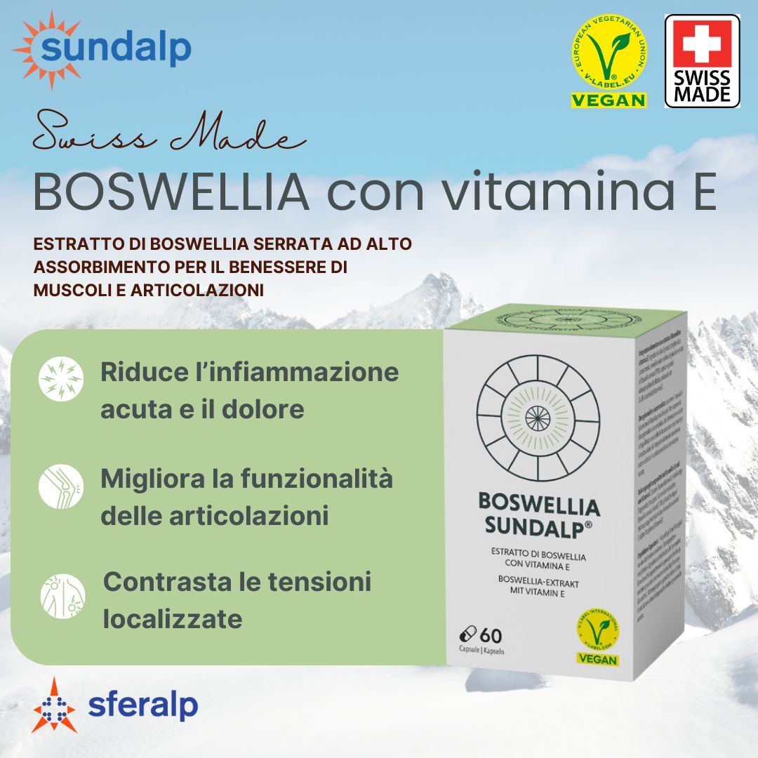 Confezione Boswellia Sundalp con vitamina E. Sigillo vegano, Swiss Made. Testo su muscoli e articolazioni.