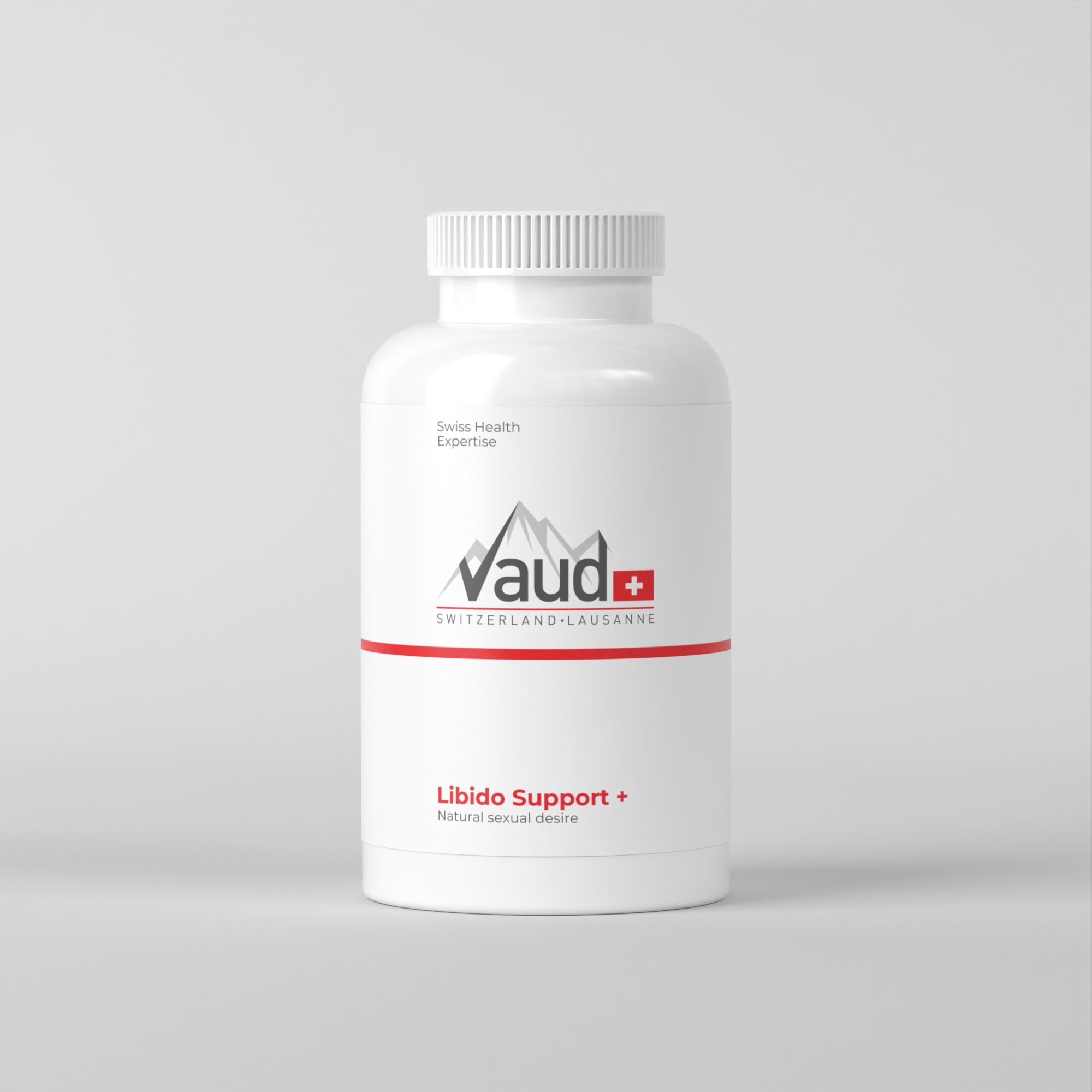 Flacone bianco con capsule. Logo Vaud+ e Libido Support+. Swiss Health Expertise.