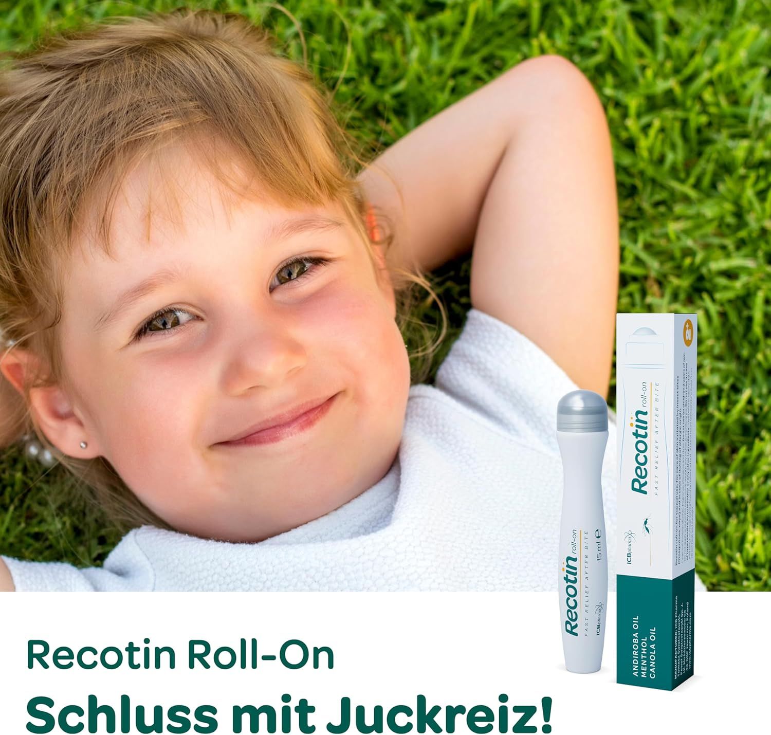 Bambino nell'erba, sorridente. Accanto a lui: flacone roll-on e confezione. Testo: Niente più prurito!