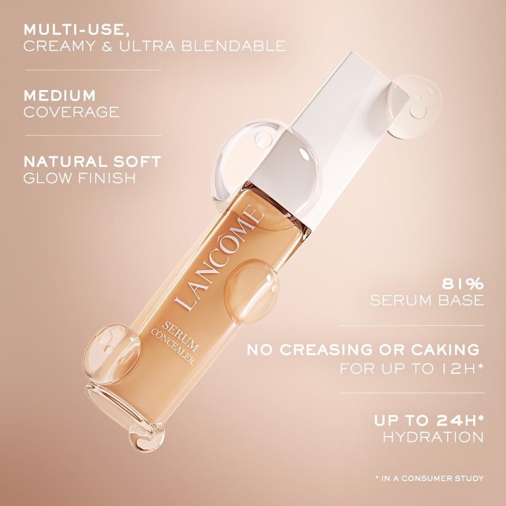 Serum Concealer Lancôme. Cremoso, ultra sfumabile. Coprenza media. Finitura naturale e morbida. 81% base siero. Fino a 24 ore di idratazione.