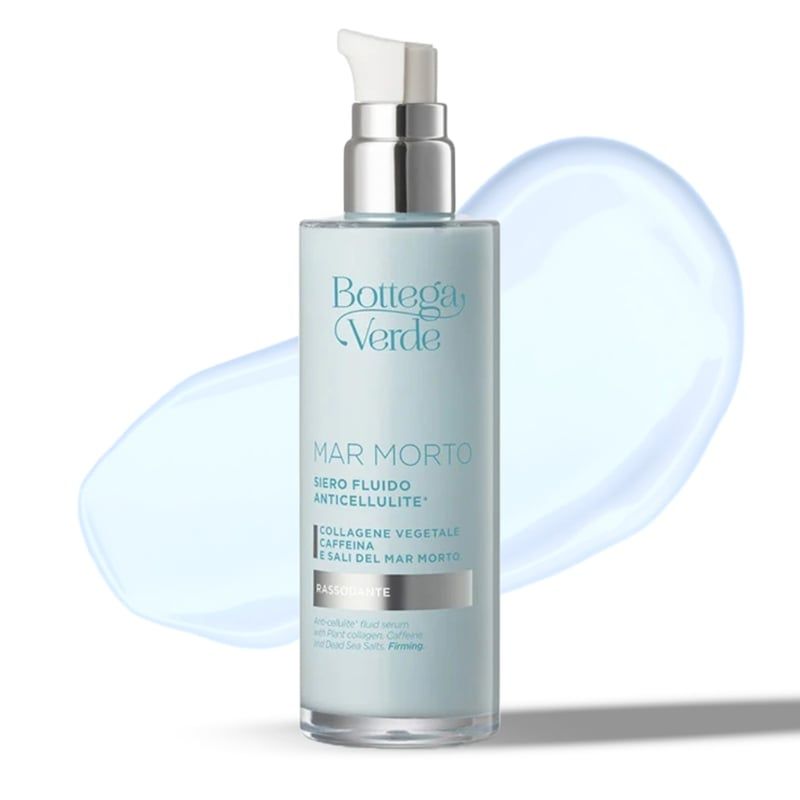 Flacone azzurro con dosatore. Scritta: Bottega Verde, MAR MORTO, Siero fluido anticellulite. Sfondo azzurro.