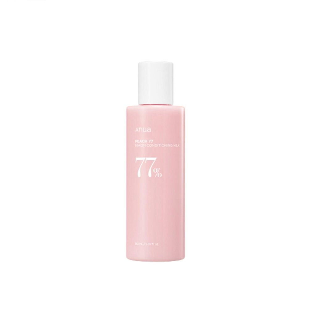 Una bottiglia rosa tenue con tappo bianco, contenente il prodotto 'Peach 77% Niacin Conditioning Milk'.
