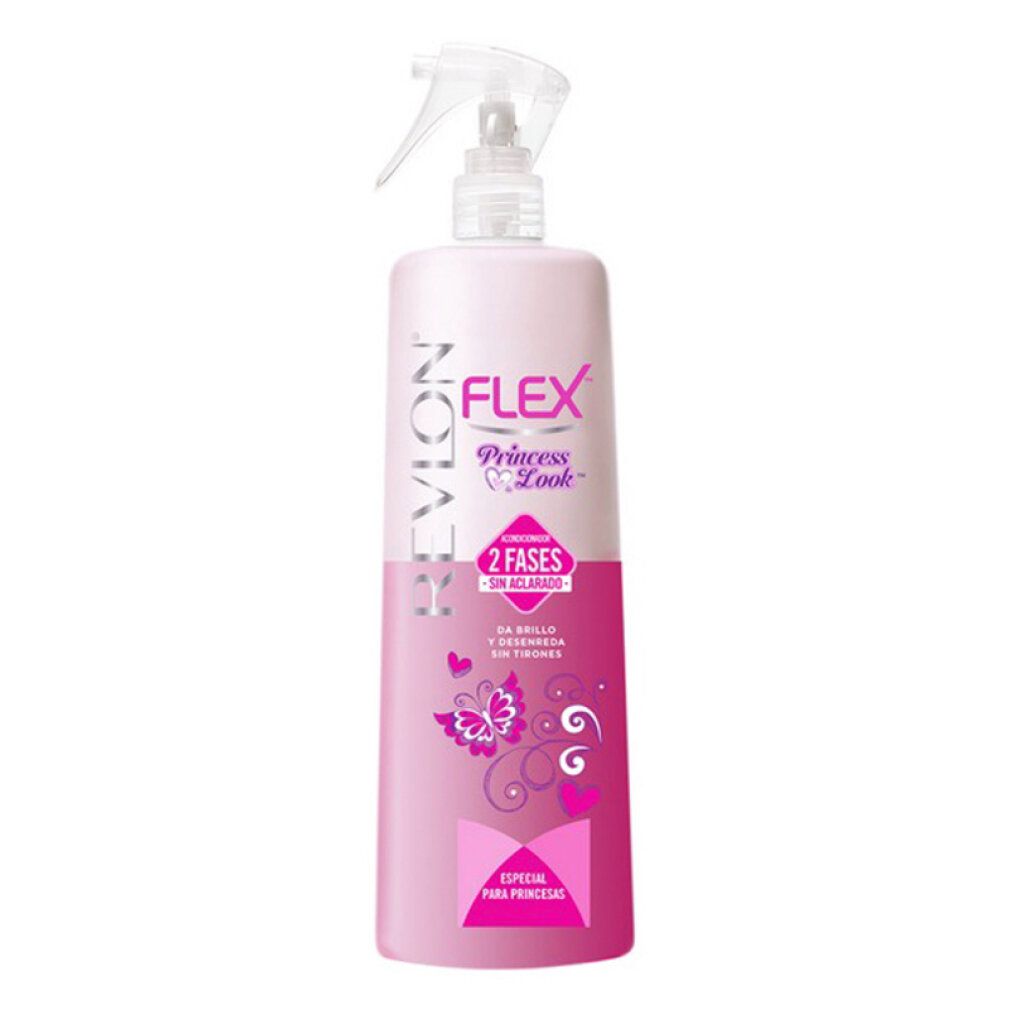 Flacone rosa con spruzzatore. Scritta: Revlon Flex Princess Look, 2 fasi. Decorazione con farfalle e cuori.