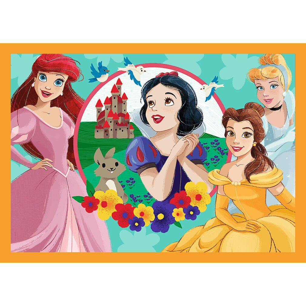 Puzzle con quattro principesse Disney. Ariel, Biancaneve, Belle e Cenerentola. Sfondo: castello, uccelli e fiori.