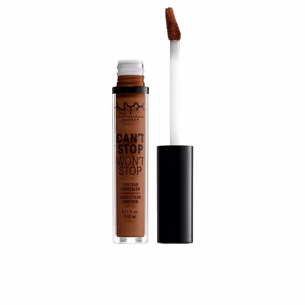 Correttore liquido in flacone trasparente con applicatore nero. Tonalità marrone scuro.