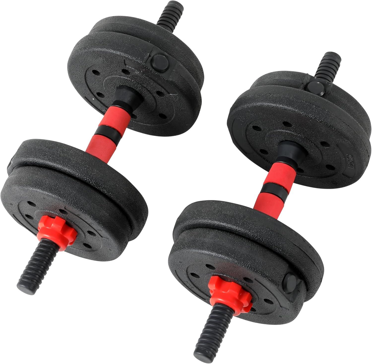 Due manubri regolabili neri e rossi. I pesi sono fissati alle barre.