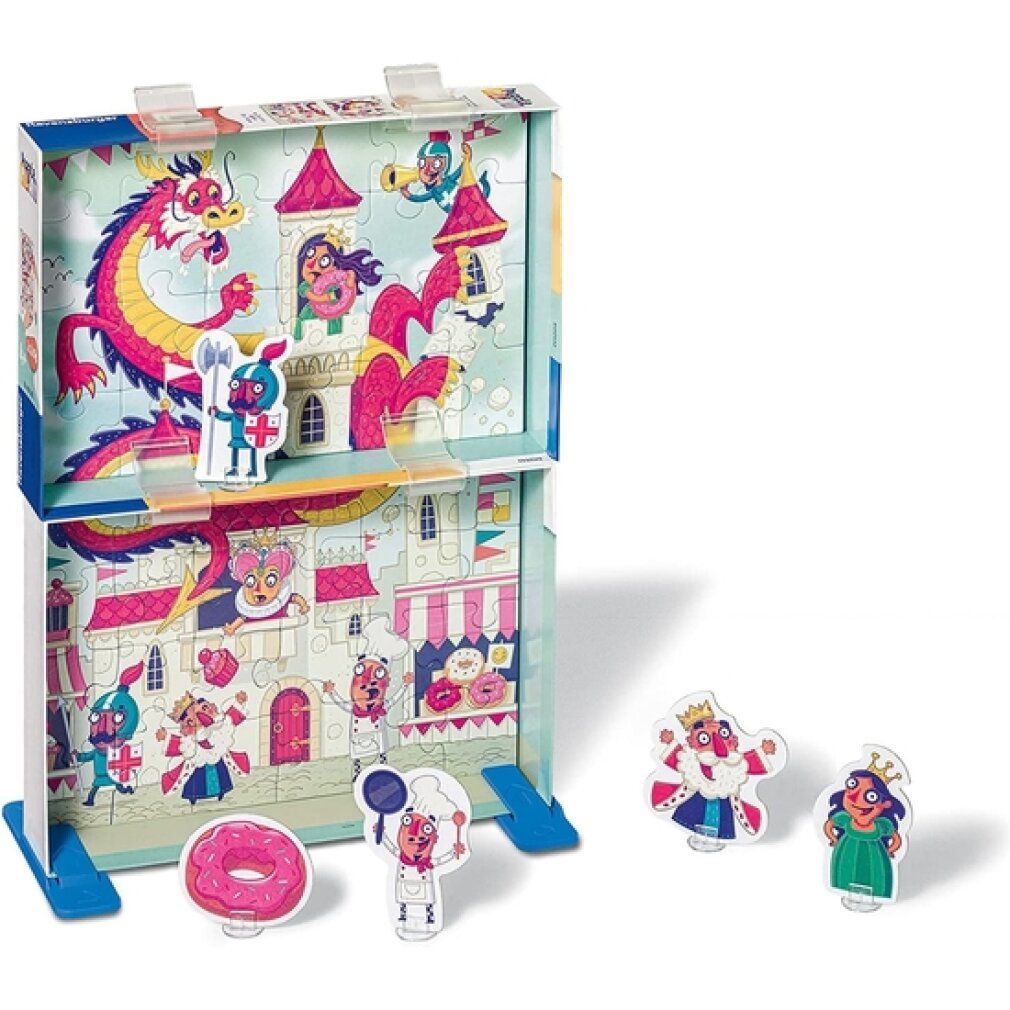 Scatola Puzzle&Play 2x24 pezzi. Soggetto: drago, castello, personaggi. Pezzi singoli del puzzle accanto. Marca: Ravensburger.