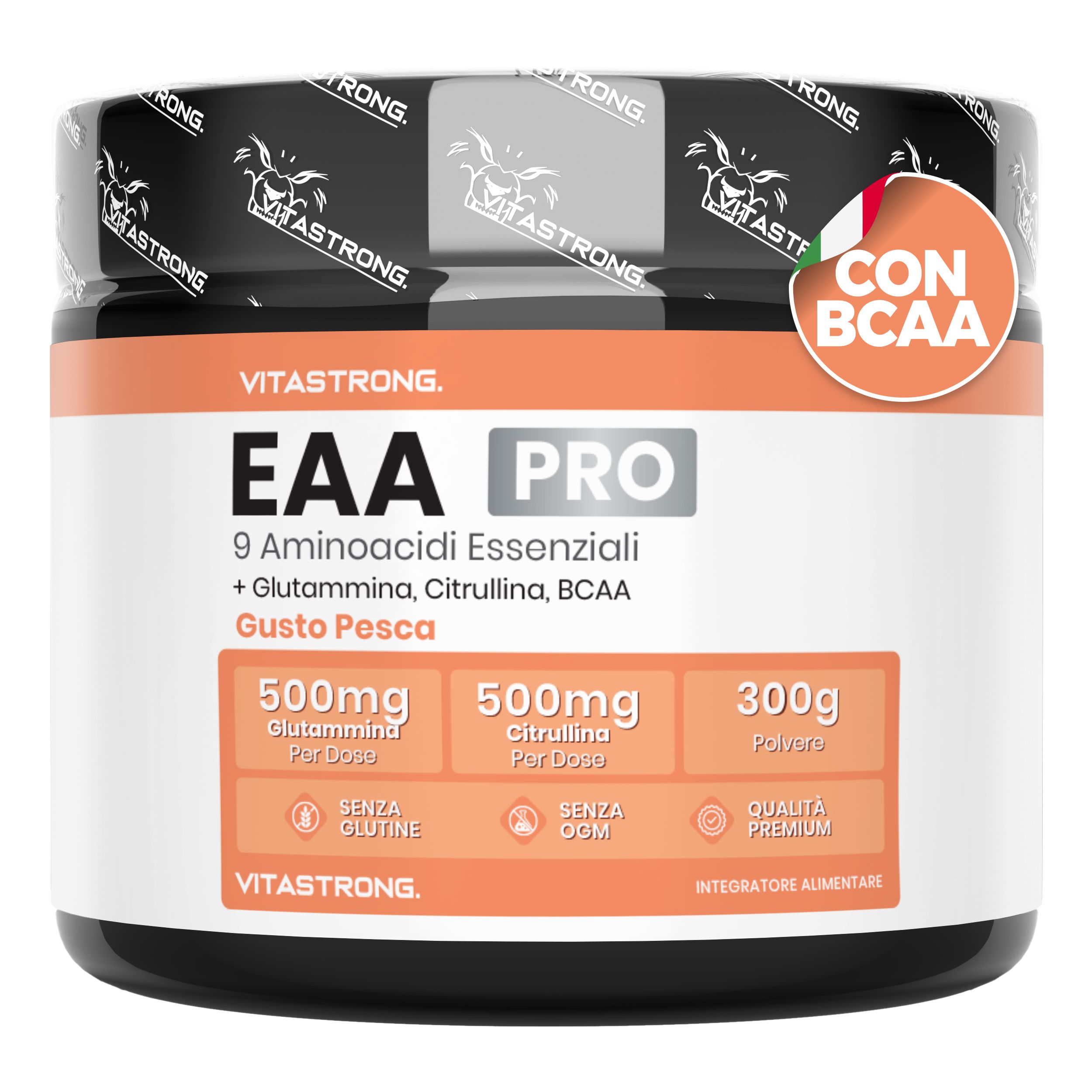 Vitastrong EAA Pro, barattolo. 9 aminoacidi, BCAA, glutammina. Gusto pesca. Primo piano del prodotto.