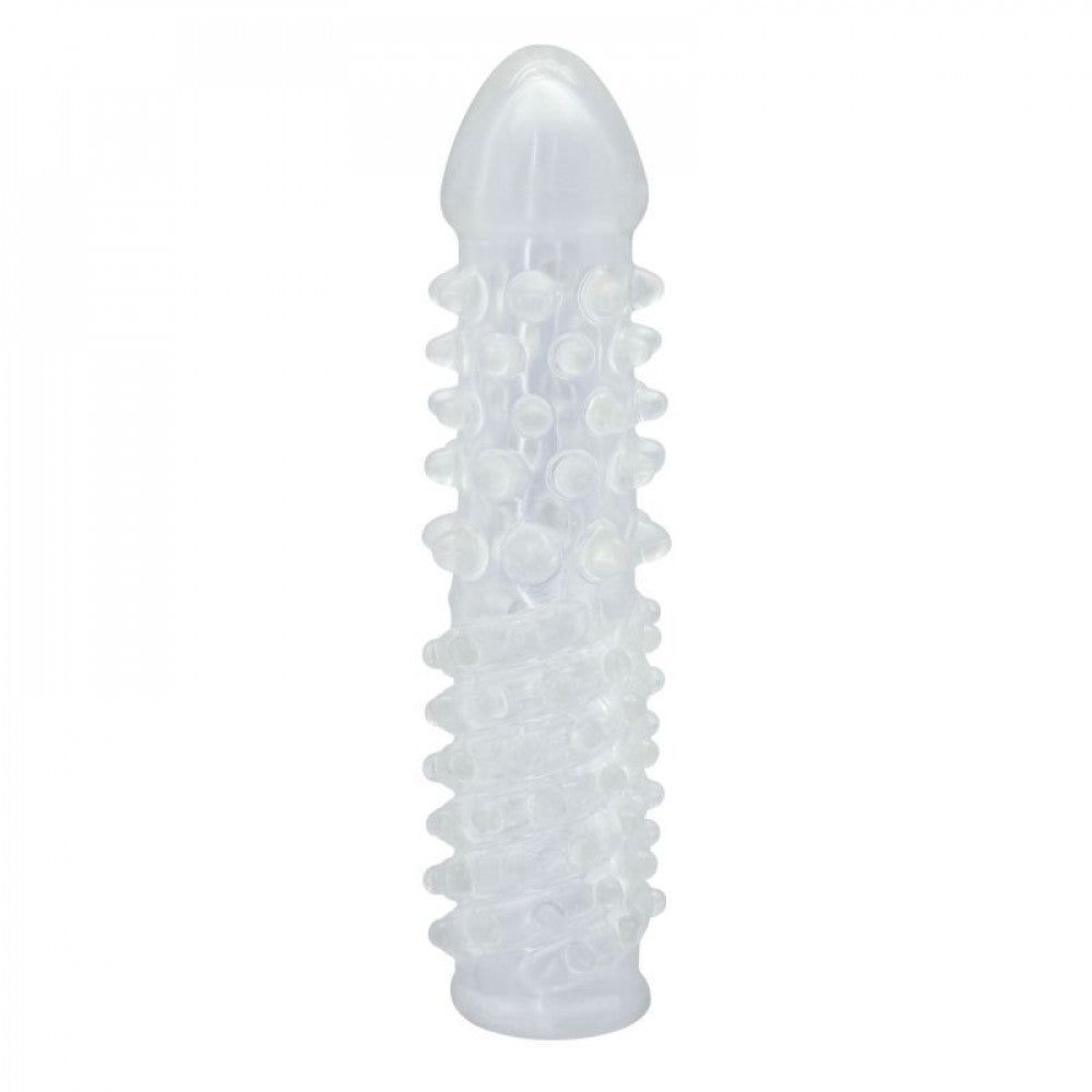 Prolunga peniena trasparente con rilievi. In silicone. Modellata per il pene.