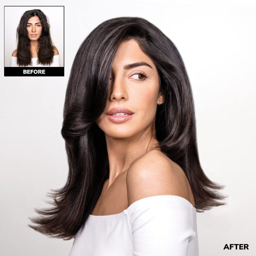 Confronto prima-dopo. Donna con capelli ricci, poi con capelli lisci. Testo: BEFORE, AFTER.