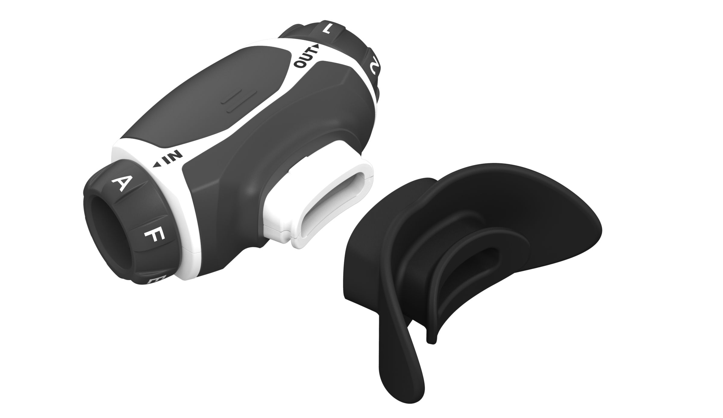 Dispositivo per allenamento respiratorio, bianco e nero. Manopole, indicazioni 'IN' e 'OUT'. Boccaglio staccato.