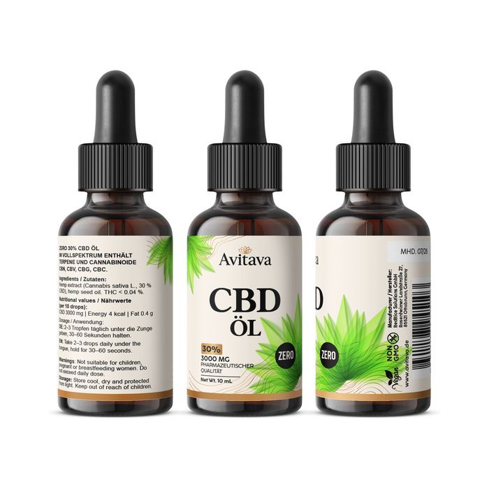 Tre flaconi di olio CBD Avitava con contagocce. 30% CBD, 3000 mg, qualità farmaceutica.