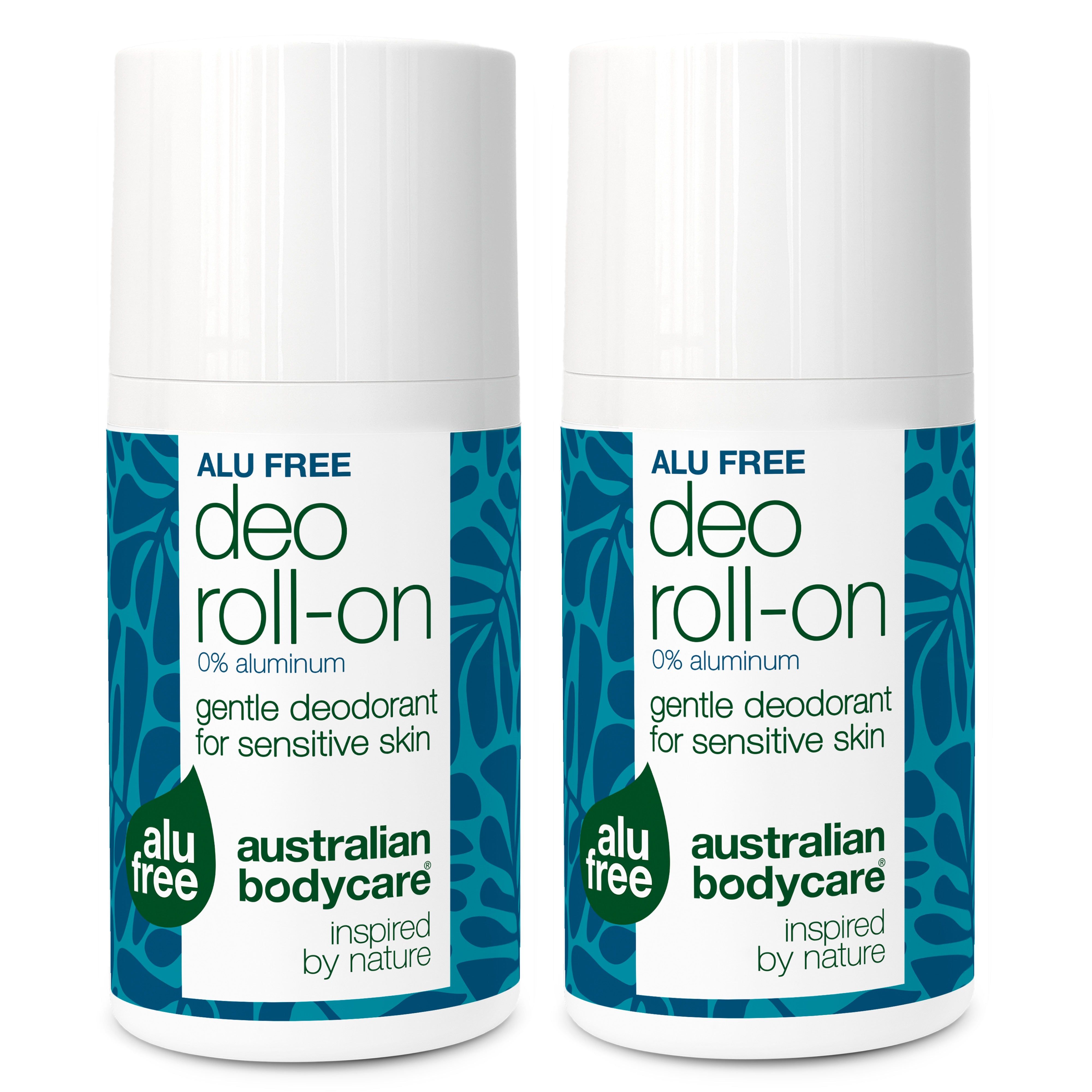 Due roll-on deodoranti bianchi con decoro blu. Scritta: Alu Free, Deo Roll-on, 0% alluminio, delicato per pelli sensibili.