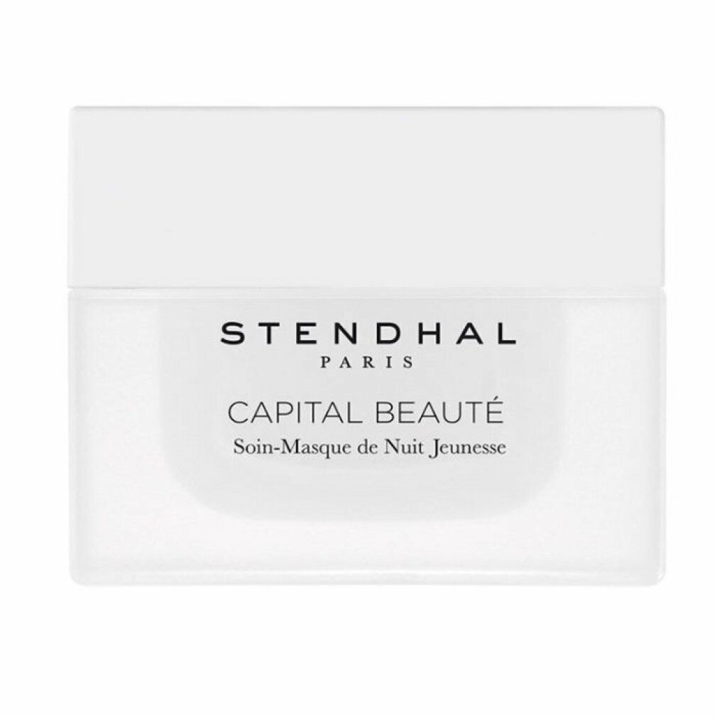 Vasetto bianco con coperchio. Scritta: STENDHAL PARIS, CAPITAL BEAUTÉ, Soin-Masque de Nuit Jeunesse.