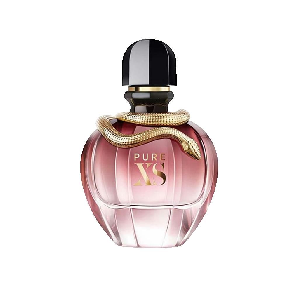 Flacone di profumo rosa-viola, tappo nero, serpente dorato. Scritta: PURE XS.