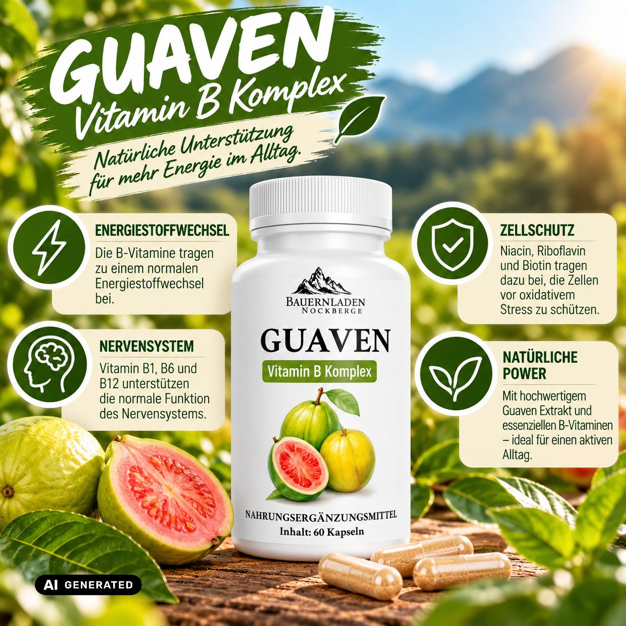 Flacone Guaven Vitamina B complesso con informazioni su energia e sistema nervoso.
