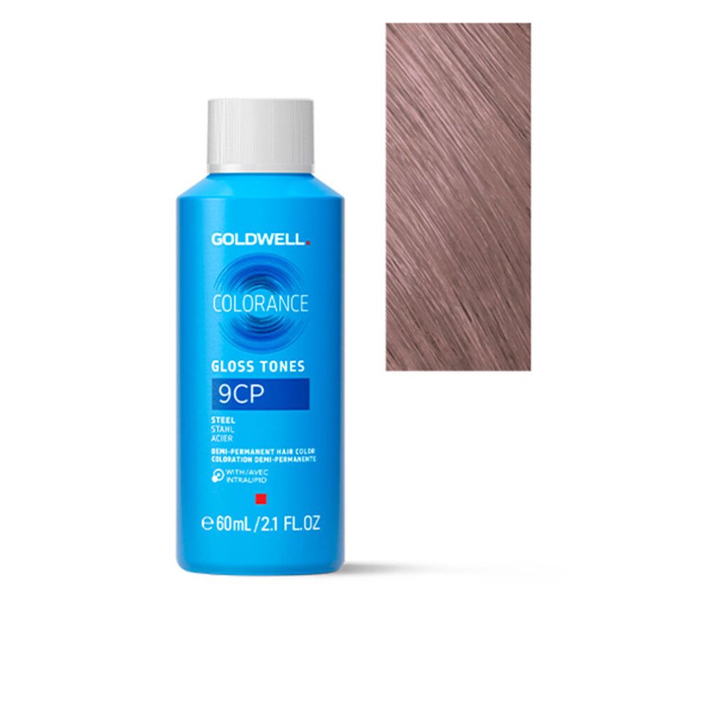 Flacone blu e bianco GOLDWELL COLORANCE GLOSS TONES 9CP. Accanto, ciocca di capelli del colore.