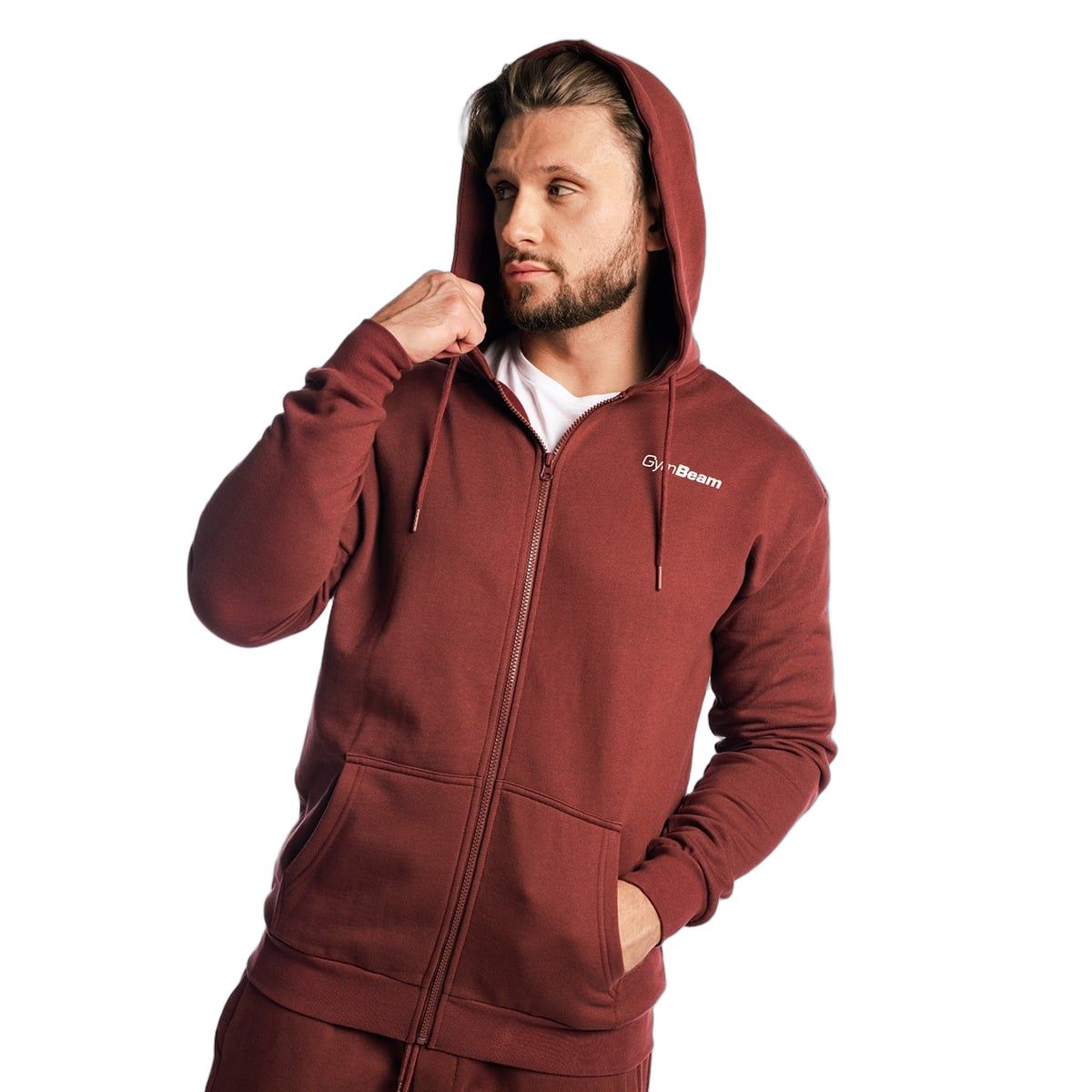 GymBeam Felpa uomo oversize con cappuccio zip tasche Zone Cherrywood