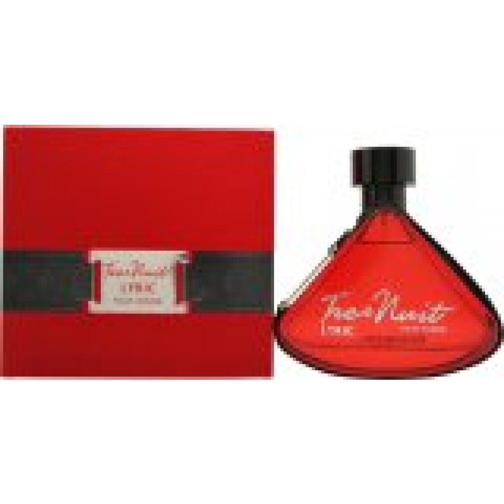 Flacone rosso con tappo nero e confezione rossa. Scritta Tres Nuit Lyric Pour Homme.