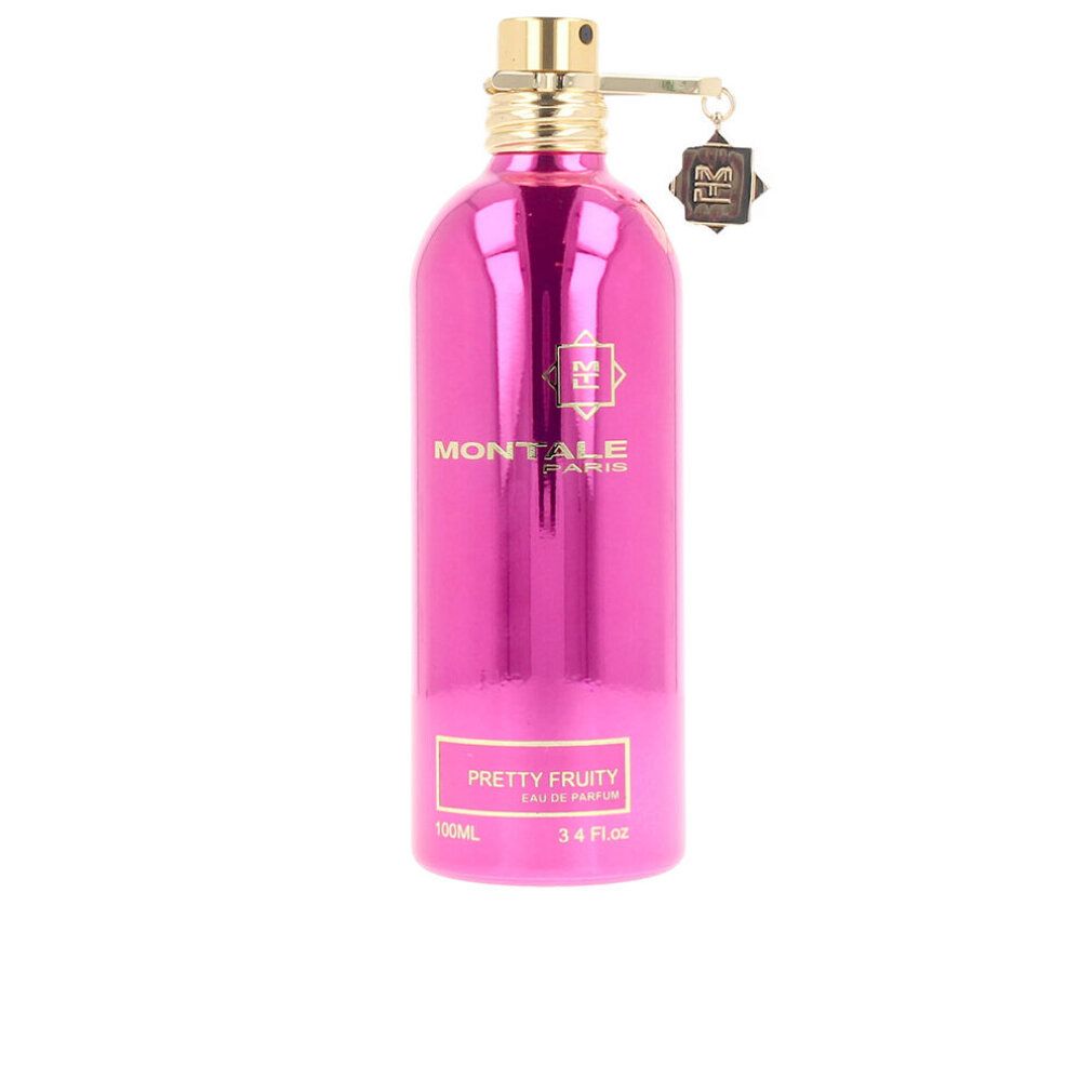 Flacone rosa con tappo dorato. Scritta: MONTALE PARIS, PRETTY FRUITY. Ciondolo con logo.