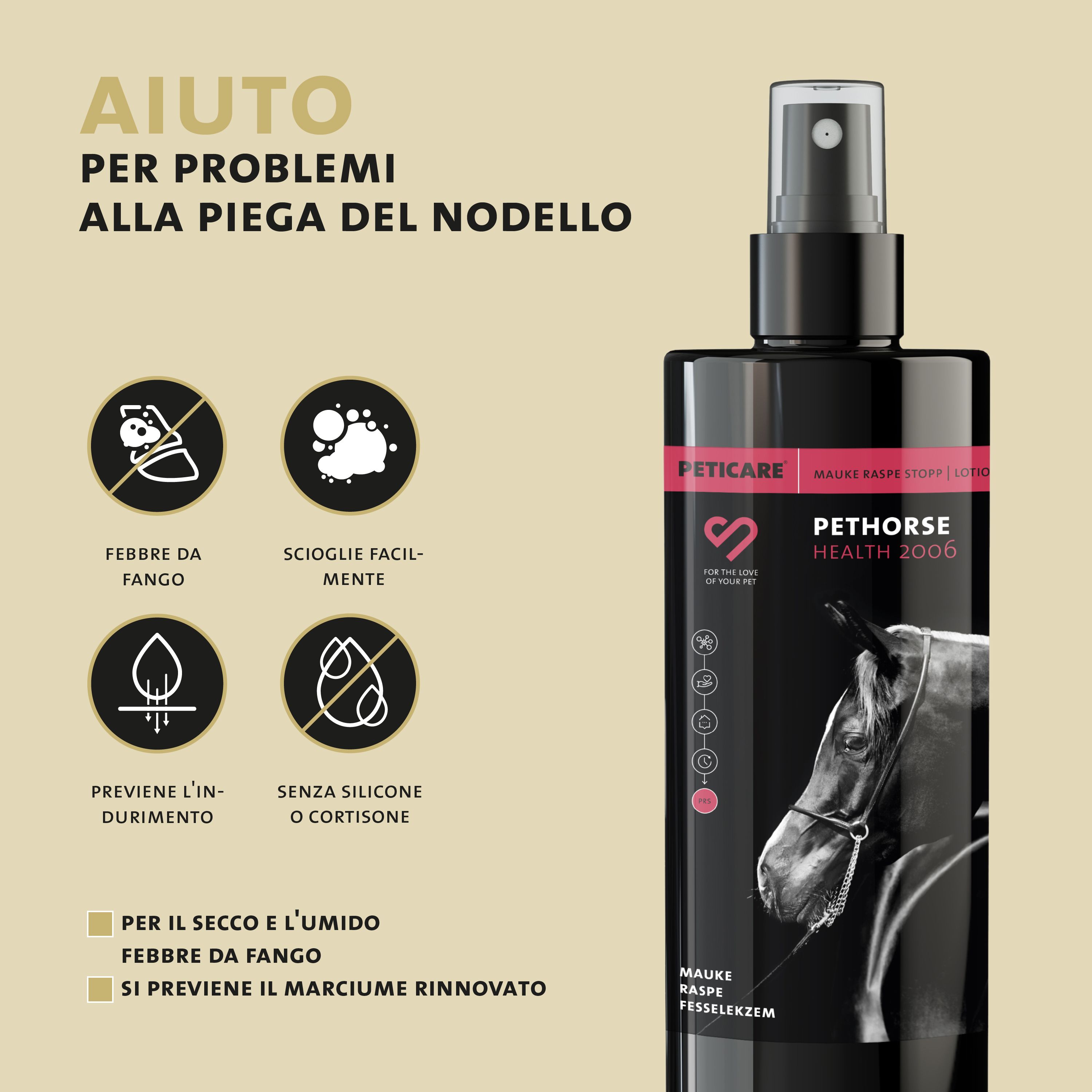 Flacone del prodotto. Testo: Pethorse Health 2000. Per rogna, raspe, eczema dei fettuccini. Senza silicone o cortisone.