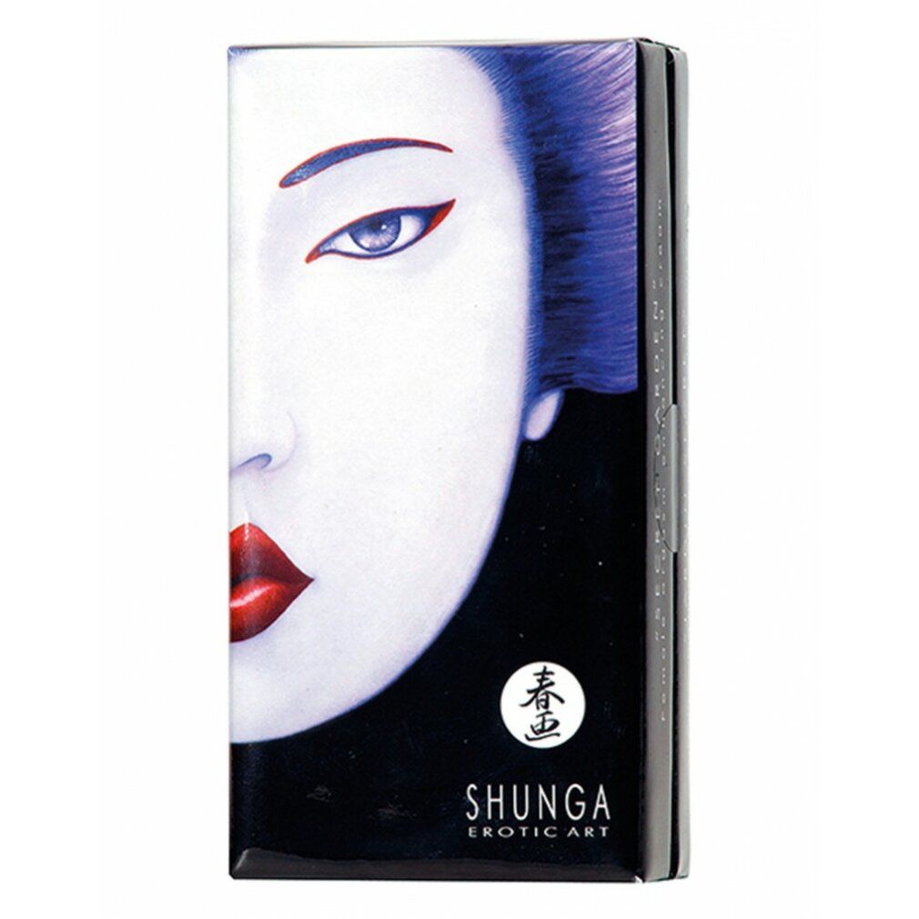 Confezione con volto. Logo e nome del prodotto. Testo: SHUNGA EROTIC ART. Volto con rossetto rosso e capelli blu.