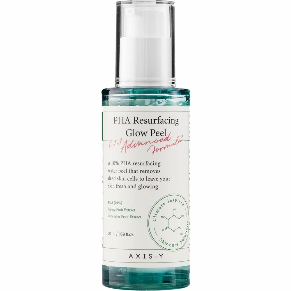 Flacone AXIS-Y PHA Resurfacing Glow Peel. Liquido verdognolo, dispenser bianco. Su sfondo bianco.